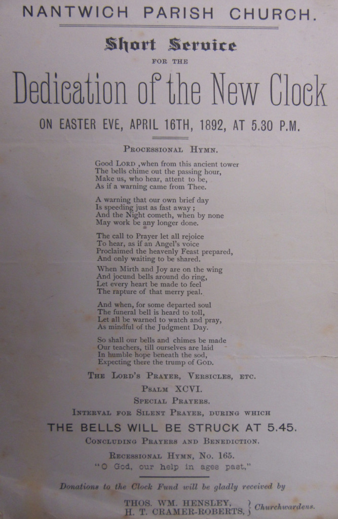 Nantwich Clock (1892) Service of Dedication Sheet